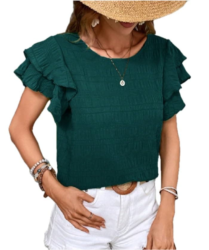Women's Butterfly Sleeve Blouse, Round Neck, Dark Green, Regular Fit, Short Sleeve Casual Top Shirt