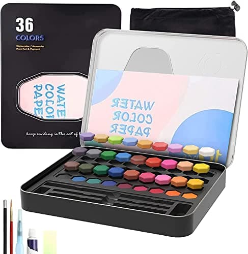 ARROLLIANT Watercolor Set 36 Colors, Artist Cakes Block Set With Water Colour Paper, Brush, Water Brush Pen, Tin Box Paint