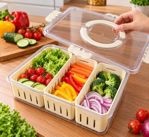 3 Sections Fridge Vegetable Fruit Organizer with Airtight Lid and Drain | 3 Removable Compartments, Drain Holes, Secure Locking Lid, Carry Handle, Clear Clear Lid