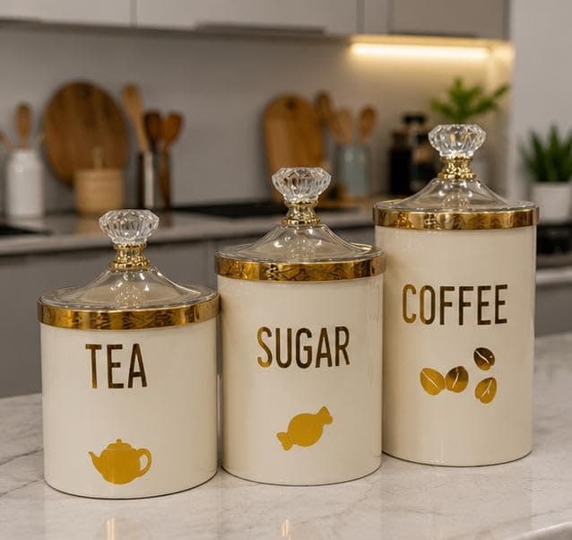 Generic Tea, Sugar and Coffee Canister Set, Plastic, with Crystal Knob Lids, Gold Accent, 3 Piece, .P