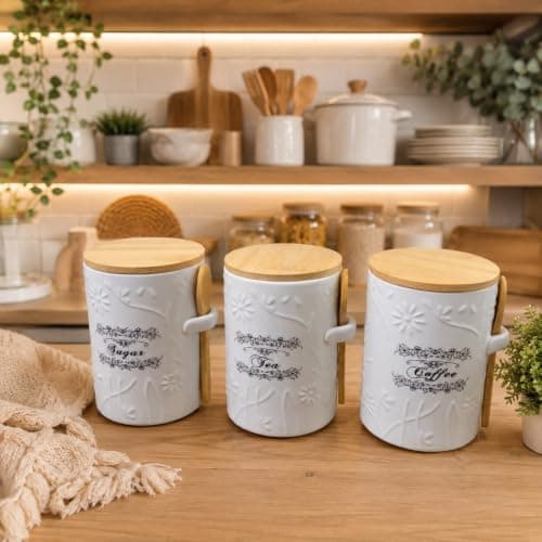 Generic Canister Set of 3, White, with Lids and Spoons, for Sugar, Tea, and Coffee Storage, .Ais