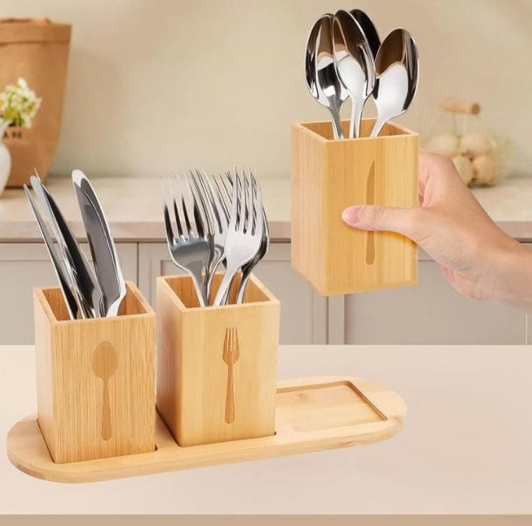 Generic Bamboo Cutlery Holder with Base, The set consists of three bamboo holders for spoons, forks, and knives, plus a wooden base, .ht Item container