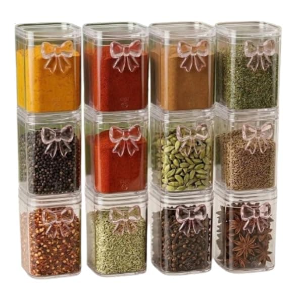 طقم توابل أكريليك 12 قطعة سعة 300 مل للعبوة – غطاء متحرك لرش التوابل | بدون حامل Food storage container
