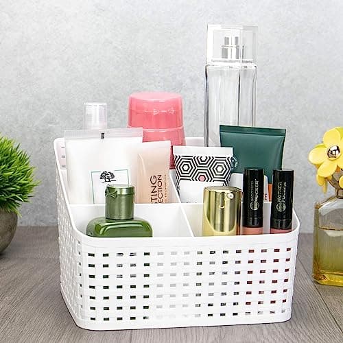 PrimeShop Plastic Desk Organizer Box, Cosmetic Storage Basket, Bathroom Storage Basket, Multi-Compartment, White, 5 Compartments, 19x14x14 cm Caddy