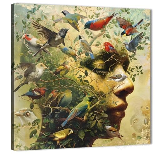 NOVA ART Canvas Wall Art Human Face Fusion with Nature Branches Flowers Birds Wall Decor for Bedroom Living Room Office Etc Modern Home Decor 30cmx30cm