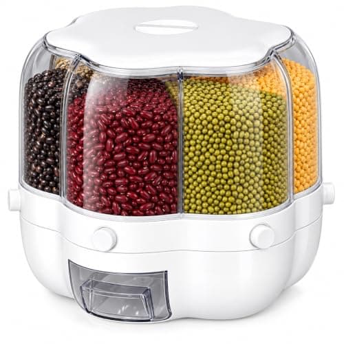 Crystal Legume Dispenser 360-6 Clear Acrylic Movable Holes with White Base, Drawer and Lid - Storage and Pour Cereals and Legumes - Capacity Up to 15K KH Food storage container