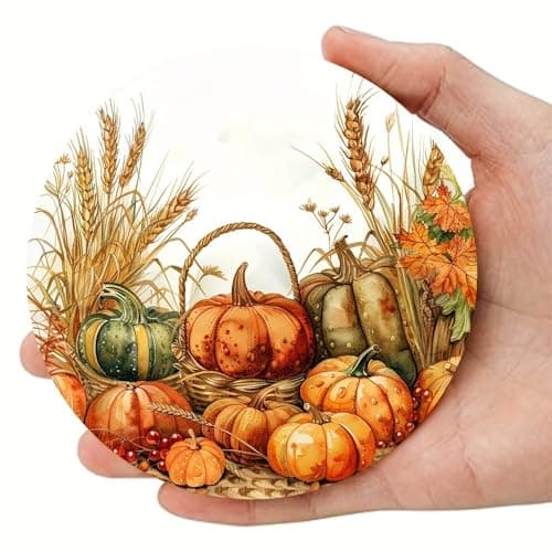 Pumpkin and Wheat Basket Round Coasters Autumn Decorations 6 Pieces 9.5cm