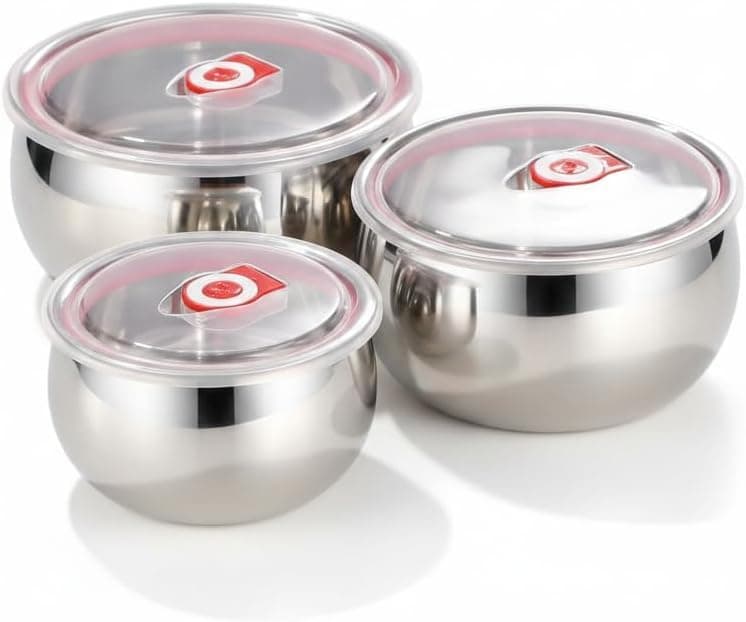 3 Piece Healthy Metal Fridge Container Set Bombe Silver - Food Storage Containers for Kitchen and Fridge - Practical Organizer for Storing Foods ar