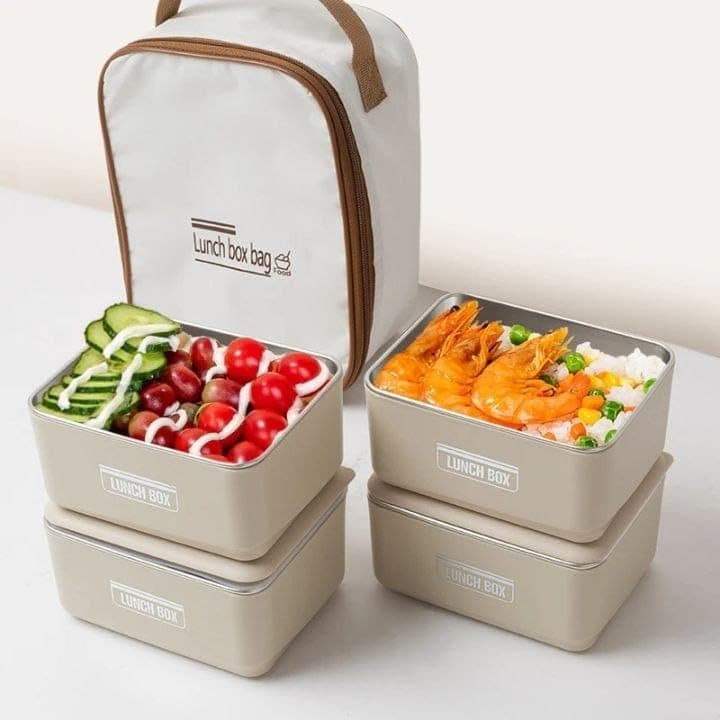 Generic Food storage container set—perfect for work or school, Features a plastic exterior and stainless steel interior, Includes an insulated thermal bag, Imported, .mk