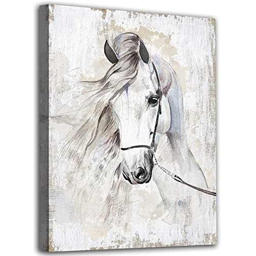 Horse Canvas Wall Art White Horse Canvas Wall Decor Farmhouse Wall Pictures Wild Animal Canvas Prints Painting Modern Artwork for Living Room Bedroom Office Home Decor Framed Ready to Hang 12"x 16"