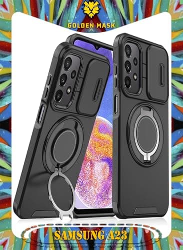 GOLDEN MASK For Samsung Galaxy A23/A23 5G Sliding Camshield Ring Holder Phone Case (Black) Cellular phone case