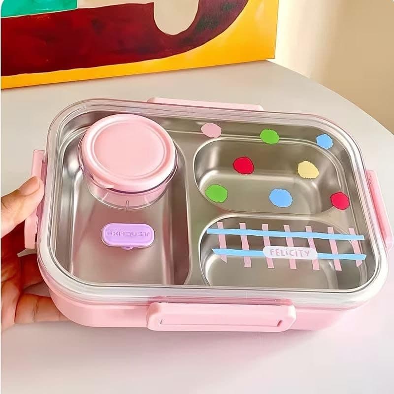 Generic Stainless steel lunch box with 3 compartments for food variety,Clear acrylic lid,Includes a small plastic sauce container with a dedicated slot in the lid,Available in three colors, .db
