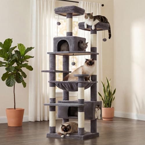 PAWZ Road 72" Cat Tree, Tall Cat Tower with Hammock& Condos for Large Cats | 20"x16" hammock for adult cats, cat tower with 7 scratching posts, dual top perch and large condo for big cats Pet activity structure