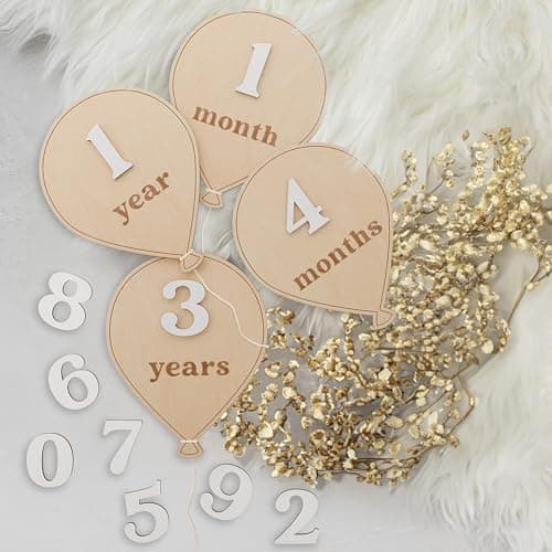 Beautiful Baby Monthly Milestone Cards - The Perfect Wooden Discs for Adorable Milestone Pictures of Your Newborn - 2X Reversible Balloon Signs with Interchangeable Numbers Make a Great Shower Gift Baby product