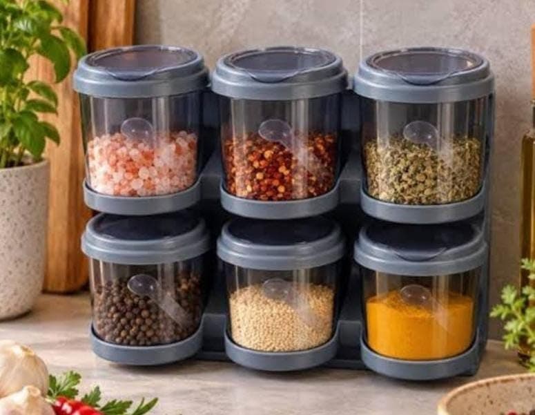 Generic Spice rack + 6 jars, Clear jars with a holder, Plastic material, Multicolor, Can be placed on the kitchen counter or wall-mounted to save space; features a secure twist-lid, .hd