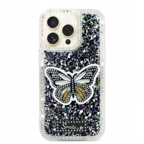 Butterfly Crystal For (iphone 16 Pro Max) Protective Case Glittery Back Cover Rhinestone Frame For Girls Shockproof Protection For Girls (Black) Cellular phone case