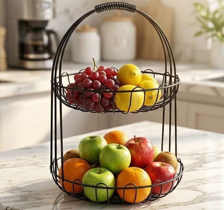 Generic 2-Tier Metal Fruit and Vegetable Rack with Handle, Wire Basket Stand for Kitchen Counter, .bs Storage rack