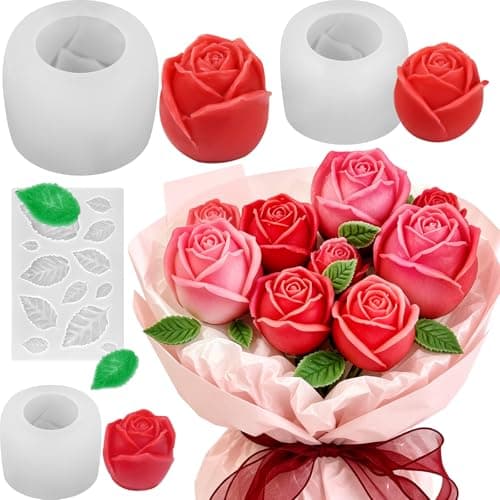 ZQYSING Rose Candle Molds, 3 Sizes Rose Molds with Leaf Mold Set | Large + Medium + Small 3D Rose Silicone Molds for Candle Making Epoxy Resin Handmade Soap Plaster Tealight Décor Wedding Gift Craft mold