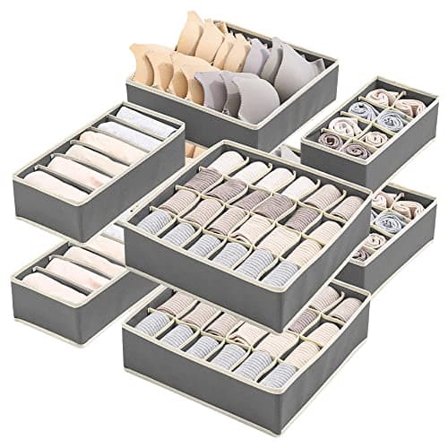 Foldable Storage Clothes Organizer Set - 8 Pieces for Underwear, Bras, Socks, Drawstrings, Belts, Shirts - Underbed Closet Drawer Organizer - Grey