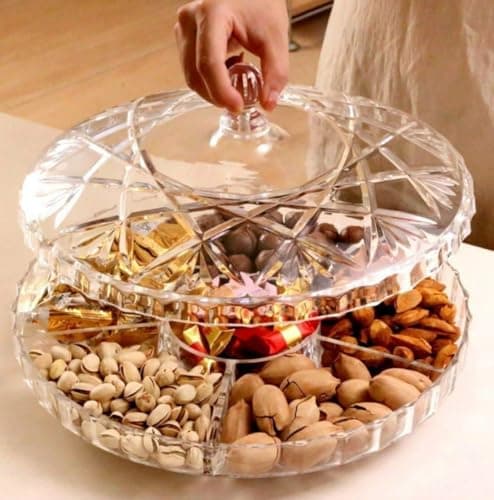 Generic Crystal Sectioned Serving Platter with Lid, Divided Snack Tray for Chocolates, Nuts and Appetizers .ho