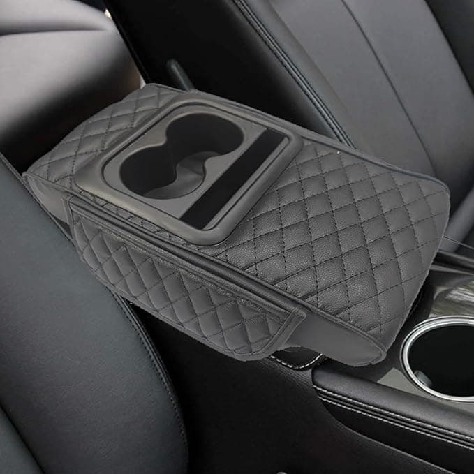 Padded Armrest with Built-in Cup Holders, Multicolor Storage Bag, Small Organizer for Hands-Free Driving and Comfort (Black) - SA CAR