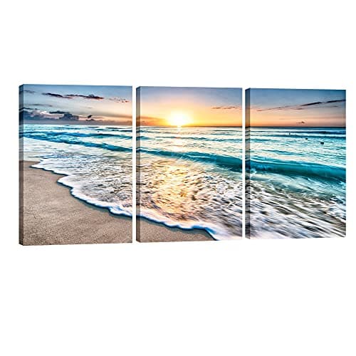 Wieco Art 3 Panels Blue Beach Sunrise White Wave Pictures Painting on Canvas Wall Art Modern Stretched and Framed Seascape Canvas Prints Seaview Landscape Artwork for Home Office Decorations
