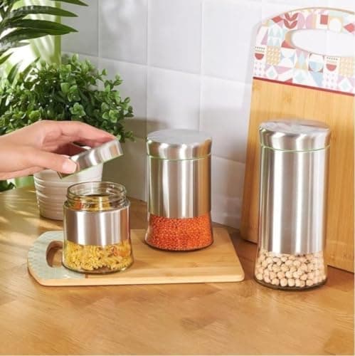 Generic Glass & Stainless Steel Spice Canister Set of 3, 450ml/700ml/1000ml, .ex Food storage container
