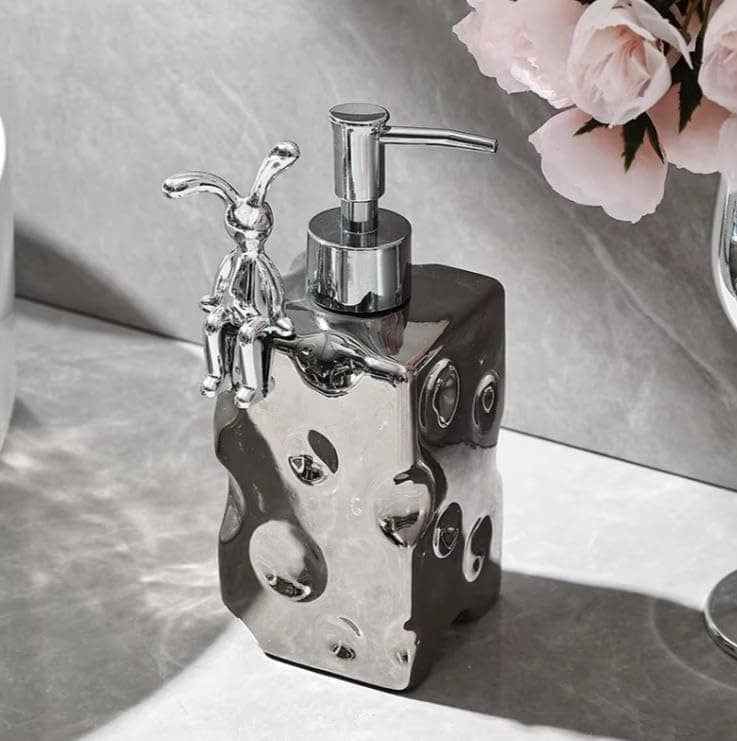 Generic Ceramic Soap Dispenser with Rabbit Figurine, Silver, Decorative Pump Bottle, 19cm, .kl