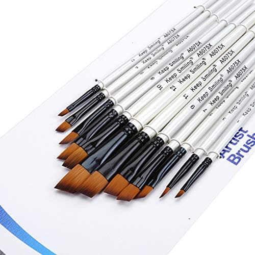 Silithos 12 Pcs Fine Tip Paint Brush Set, Professional Nylon Pointed Tip Paint Brush, Acrylic Brush for Watercolor Acrylic Painting (Slant-12-White)