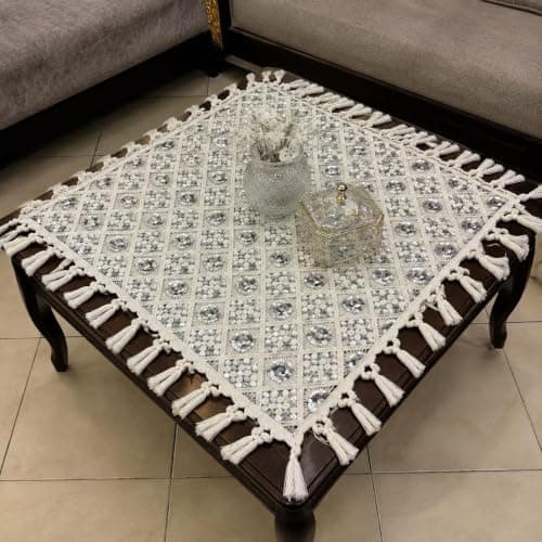 Generic Macrame Square Tablecloth, White and Silver, Boho Style with Tassel Fringe, Coffee Table Cover, .reh