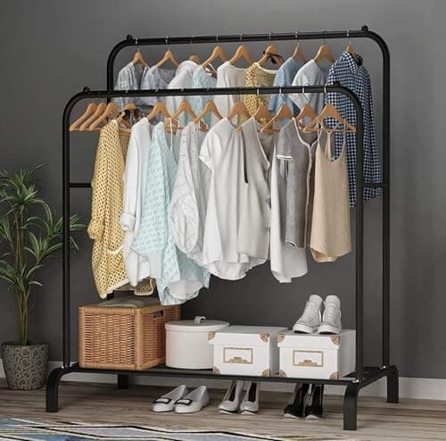 Heavy Duty Double Metal Clothes Stand With Shelves For Storage Bags And Shoes Holds Up To 35K Size 110 X 54 X 154 Cm Black Durable Rack