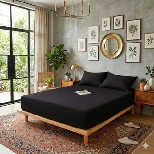 QBED Fitted Bed Sheet Set – Fitted Sheet with 2 Pillow Cases – Soft and Comfortable Fabric – Suitable for All Mattresses (Black, 180 * 200 * 30)