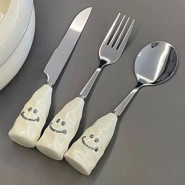 Generic Stainless Steel Cutlery Set with Smiley Face Porcelain Handles, 3-Piece Fork Spoon Knife Set .ze Flatware