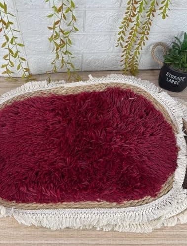 Generic Faux Fur Floor Mat with Natural Burlap Frame, Burgundy Red, 60x40 cm, Thick Comfortable Shag Rug with Decorative Fringe .bar