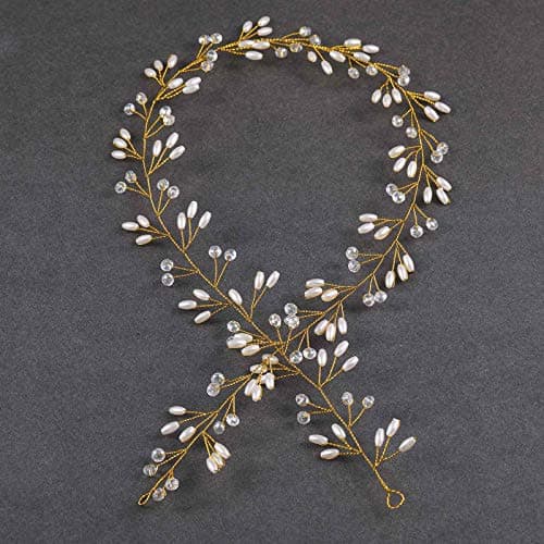 Mayelia Bride Wedding Hair Vine Gold Hair Piece Pearl Headpiece Long Bridal Headband for Women and Girls Hairband