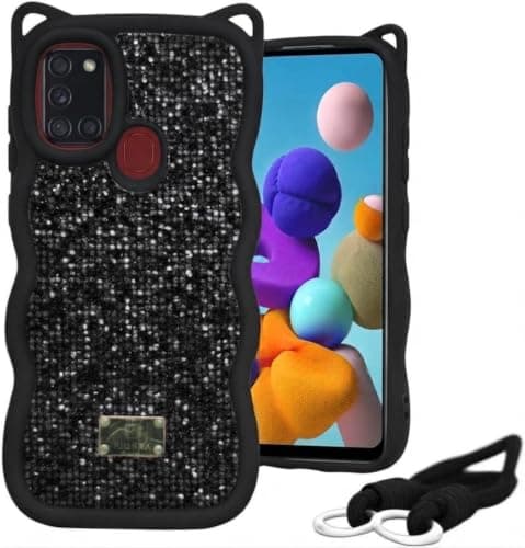 Diamond Glitter Case for (Samsung A21S) Bling Glitter Diamond Sparkle Case Crystalline Luxury Curly Wave Glitter Sparkle Cute Case Soft Silicone Shiny Star Fun Aesthetic (Black)