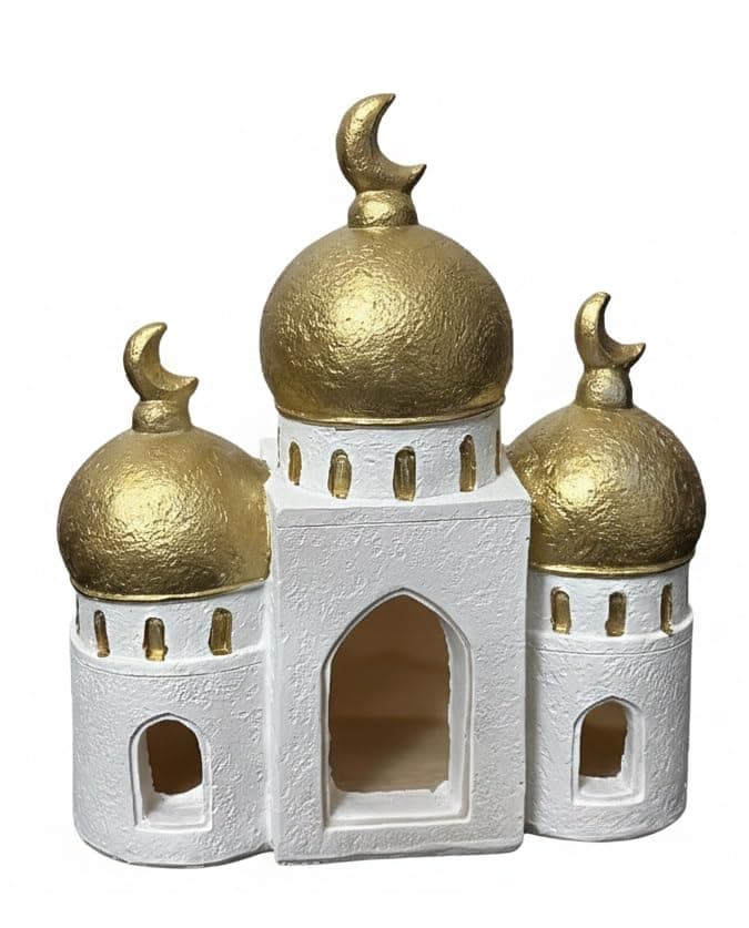 Stellar Stores White & Gold Triple-Dome Mosque Figurine, Ramadan & Eid Home Decor, Golden Crescent Mosque Sculpture Decoration