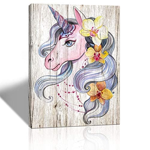 Wall Art Unicorn Bedroom Decor for Girls Decor Hand Painted Style Pictures Wood Background Painting Canvas Prints Wall Decor Artwok 12"x16" Teen Girl Room Decor Living Room Decorations Framed
