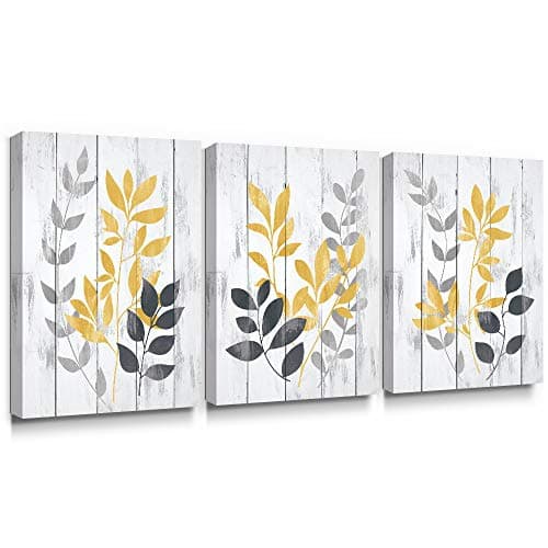 SUMGAR Yellow Wall Art Leaf Flower Canvas Pictures Grey and Mustard Olive Leaves Rustic Print Plant Painting Artwork Wall Decor for Bathroom Bedroom 30x40cm, 3 Panels