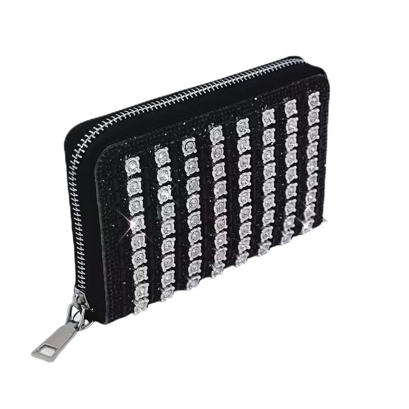 Women's Evening Wallet Elegant Design Black Crystal Zipper Multi Pocket Wallet