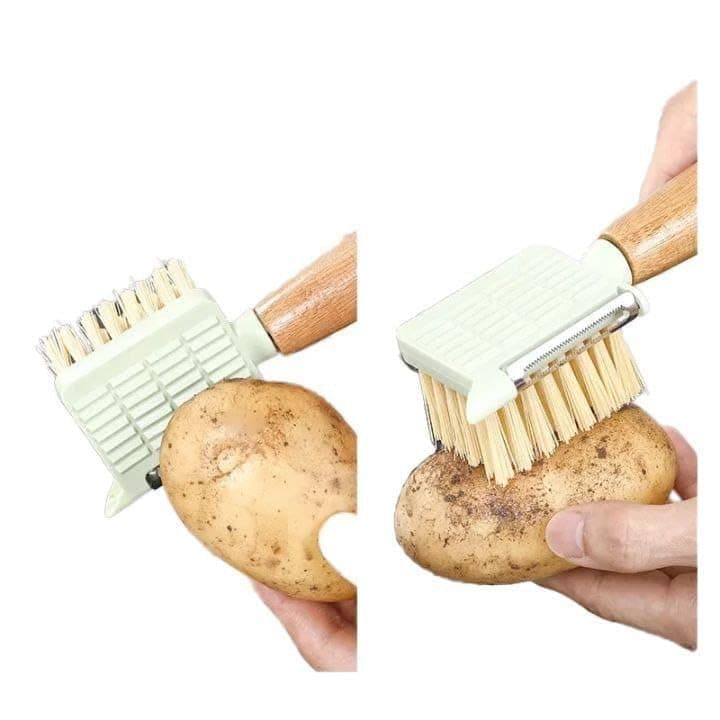 Generic Vegetable Brush and Peeler 2-in-1, with Wooden Handle, for Cleaning and Peeling, .mk