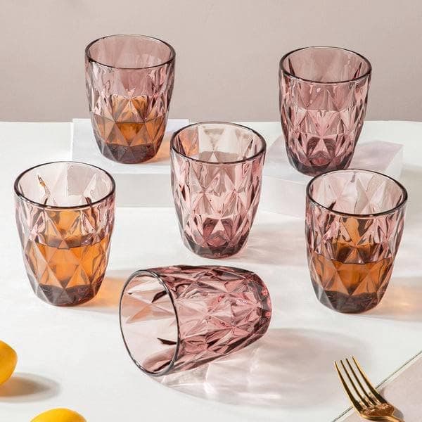 Generic Ribbed Crystal Glass Set of 6, Pink Diamond Cut Drinking Glasses for Tea or Juice, .hg