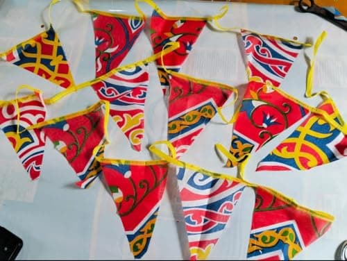 (2 Pieces) Ramadan Decorations 2026, Traditional Egyptian Khayamiya Design, Multicolor Fabric Flags with Yellow or Red Trim, 4 Meters Length Garland