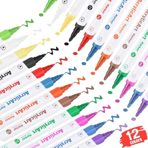 OLINGYOU Acrylic Paint Pens, 12 Colors Dual Tip Paint Markers for Rock Painting, Water Based Acrylic Painting Supplies for Fabric Painting,Wood, Canvas, Stone, Easter Egg, Glass Marking pen