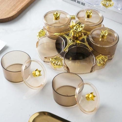 4-Section Glass Snack Serving Tray with Gold Metal Frame for Hospitality