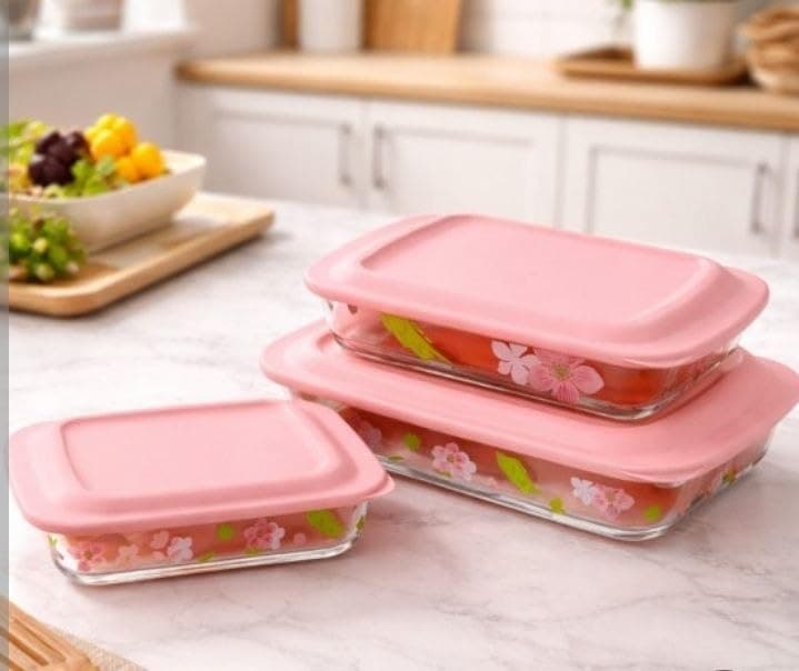Generic Glass Food Storage Container Set with Airtight Pink Lids, Floral Design, Refrigerator and Freezer Safe, 3 Piece, .bar
