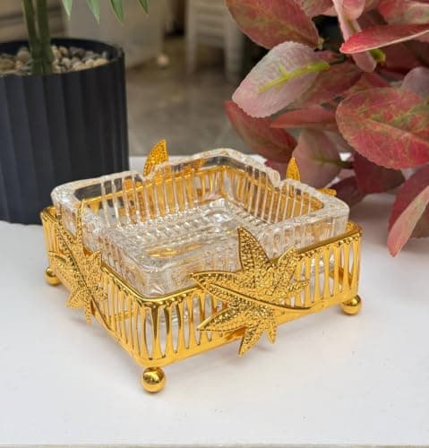 Generic Glass Ashtray with Gold Metal Stand, Leaf Design .soh
