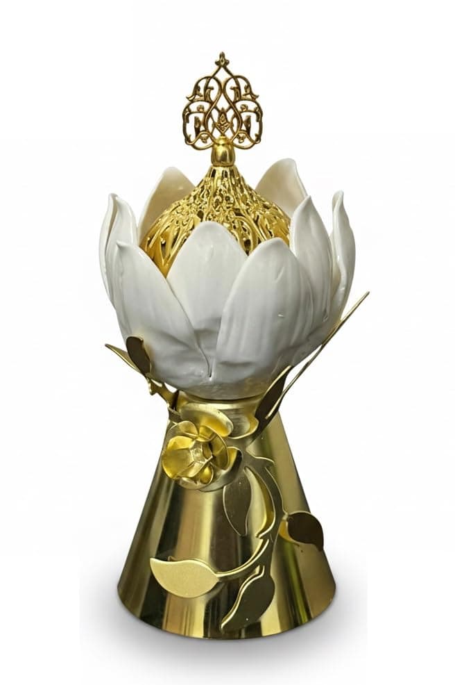 Stellar Stores Elegant Flower Shaped Incense Holder, Gold & White Colored Censer Ramadan, Decoration, Home & Office Decor