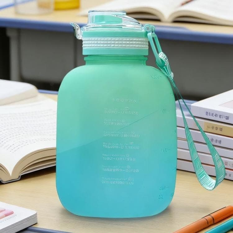 Generic Impact-resistant plastic water bottle, Suitable for workouts, the beach, or school, Features a carrying strap for easy transport, 1-liter capacity, Available in multiple colors, .sew