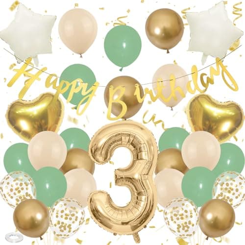 Teslite 3rd Birthday Decorations, 3 Year Old Decoration with Sage Party Balloons, Cream Gold Foil Number Balloon, Happy Banner for Jungle Safari Decor Age 3, Beige,green,sand,white